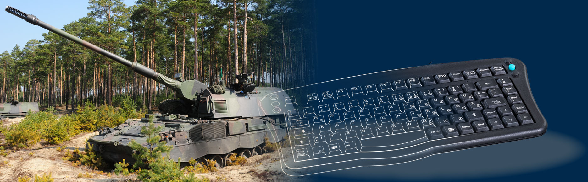 PzH2000 armoured howitzer dug into the forest floor and key visual of a keyboard