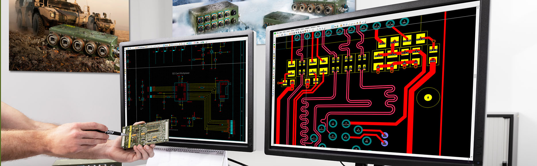 Person showing circuit board and a circuit can be seen on the screen