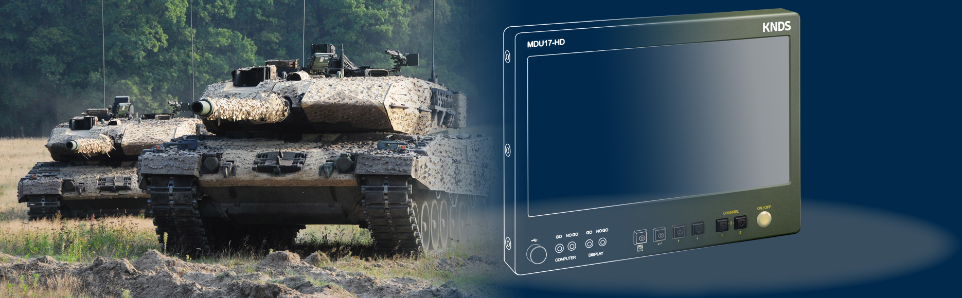 Two LEOPARD 2 main battle tanks in the field and key visual of the MDI display