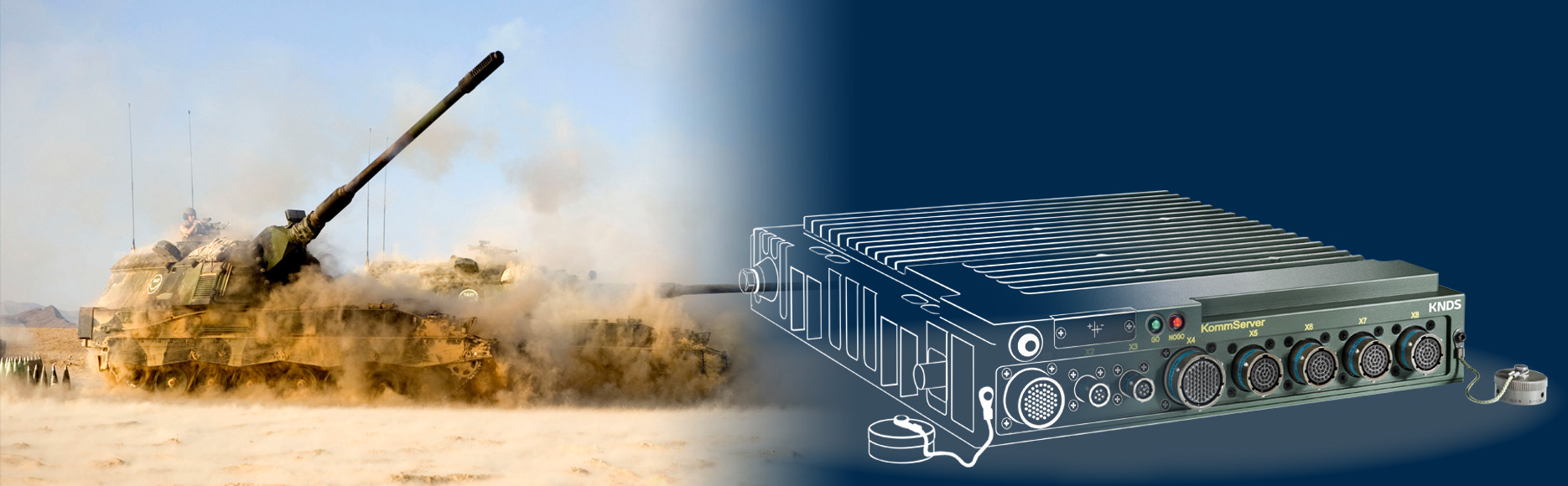 PzH2000 armoured howitzer in the desert with dust cloud and key visual of the ATM KommServer
