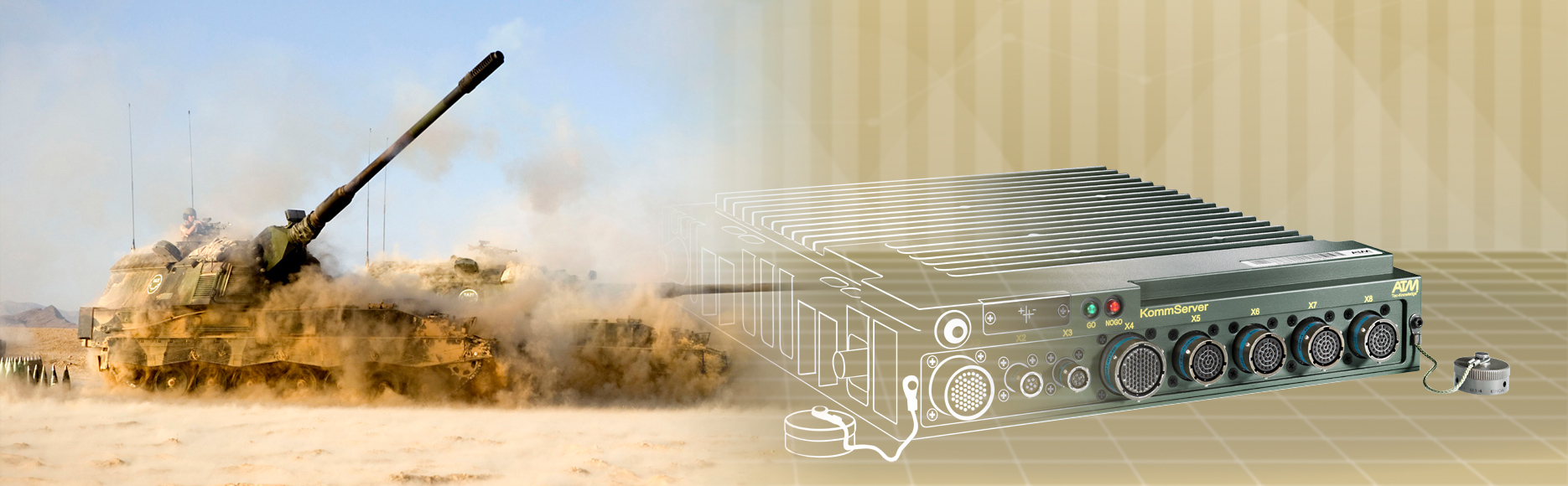 PzH2000 armoured howitzer standing in the sand and shrouded by a cloud of dust and key visual of the ATM KommServer