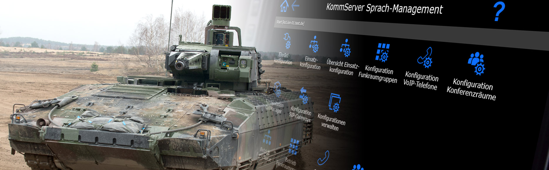 Dismounted soldiers kneel next to the PUMA infantry fighting vehicle and software interface