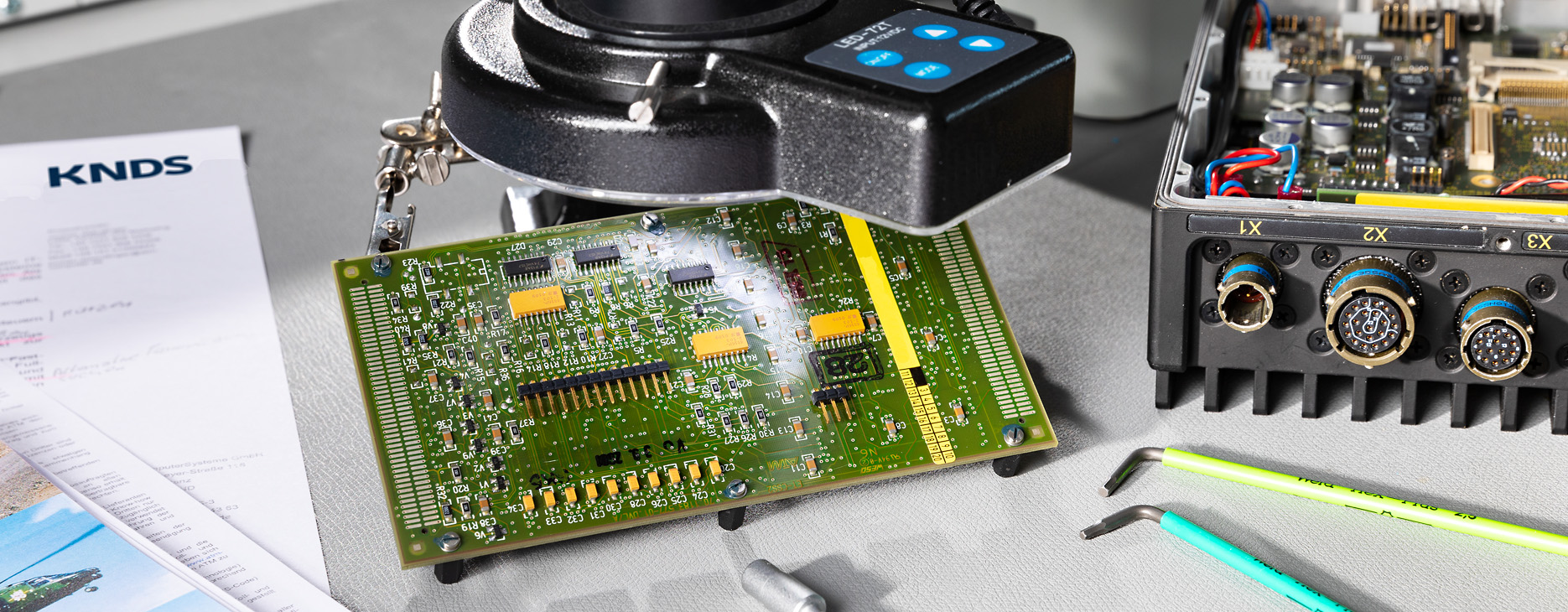 Circuit board under a microscope