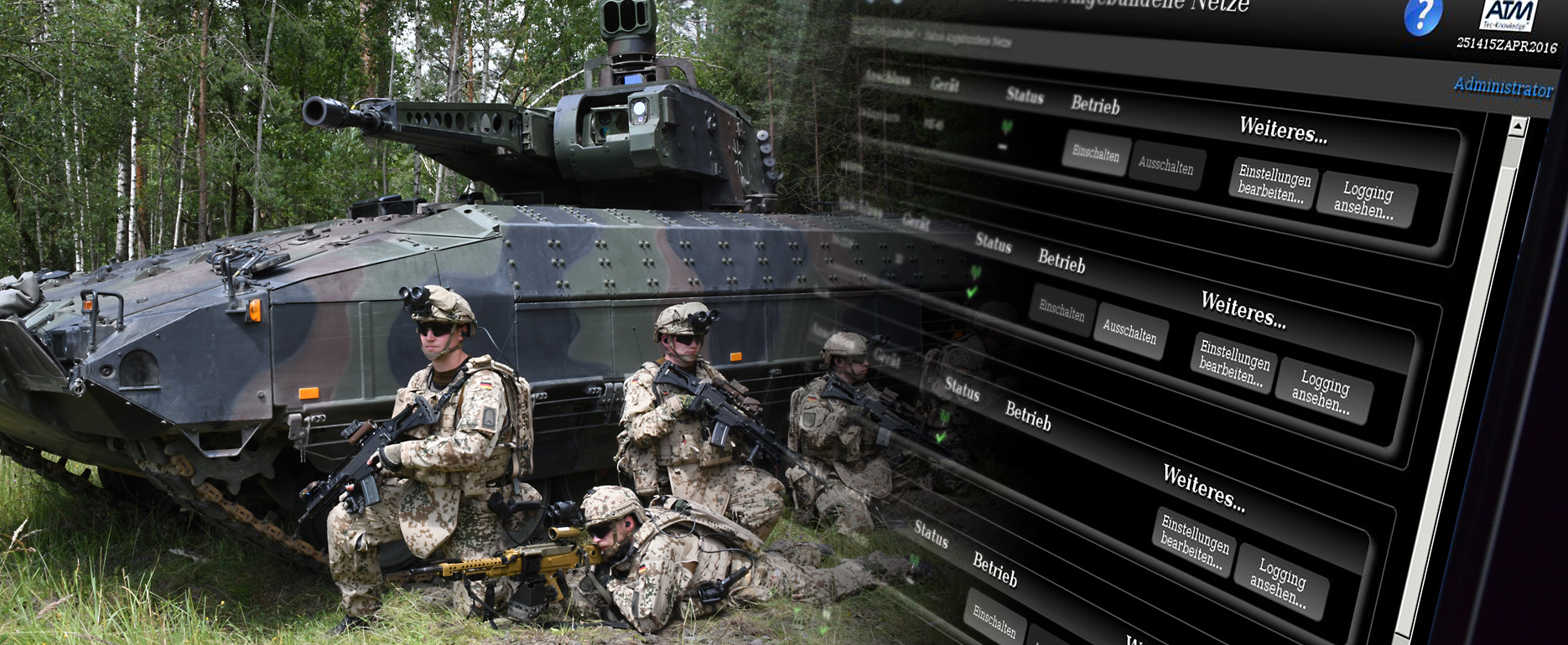 A platoon of soldiers in front of the PUMA infantry fighting vehicle and software interface
